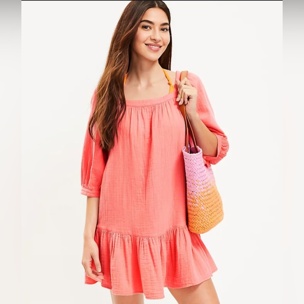 LOFT Coral Cotton Mini Beach dress with Puff Sleeves